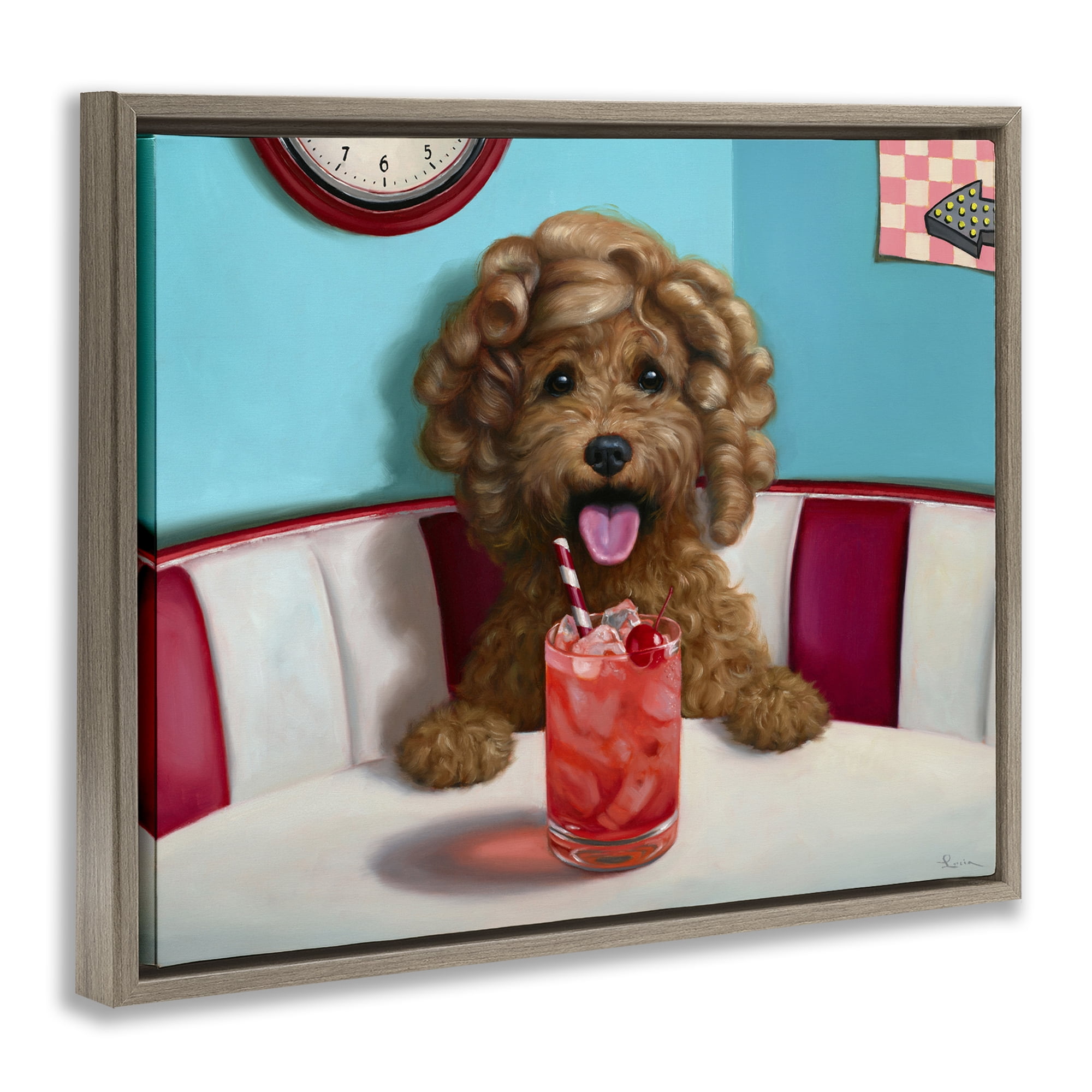 Stupell Industries Dog at Diner with Drink Food & Beverage Painting Brown Floater Framed Canvas Art Print Wall Art, 31 x 25