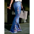 thumbnail image 4 of Women Vintage Dark Blue Floral Embroidery Jeans, Mid High Waist Extended Floor-Length Flared Pants All Seasons, 4 of 8