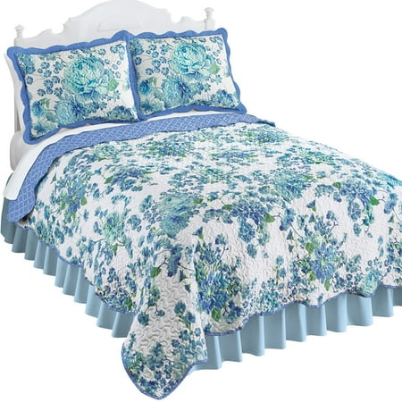Garden Dream Quilt Collection Reversible Lovely Blue and Green Floral Garden Quilt with Geometric Pattern on Reverse Side and Scalloped Edges ()