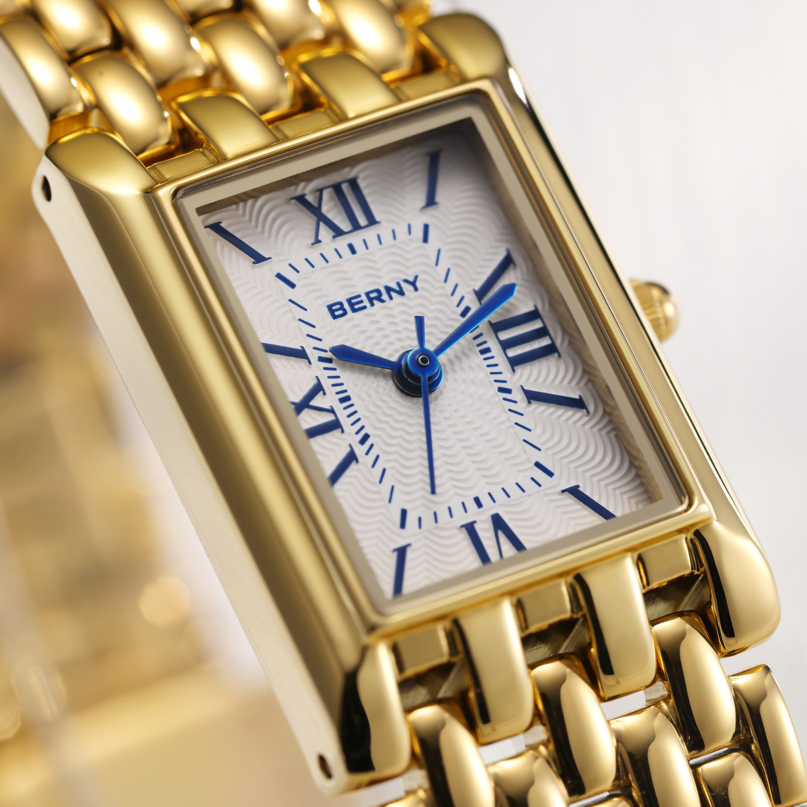 BERNY Small Gold Watches for Women, Luxury Vintage Rectangular Case Roman Dial, Dainty Stainless Steel Bracelet Watch, Adjustment Tool Included, Waterproof, Womens Gold Watch Gifts (White)