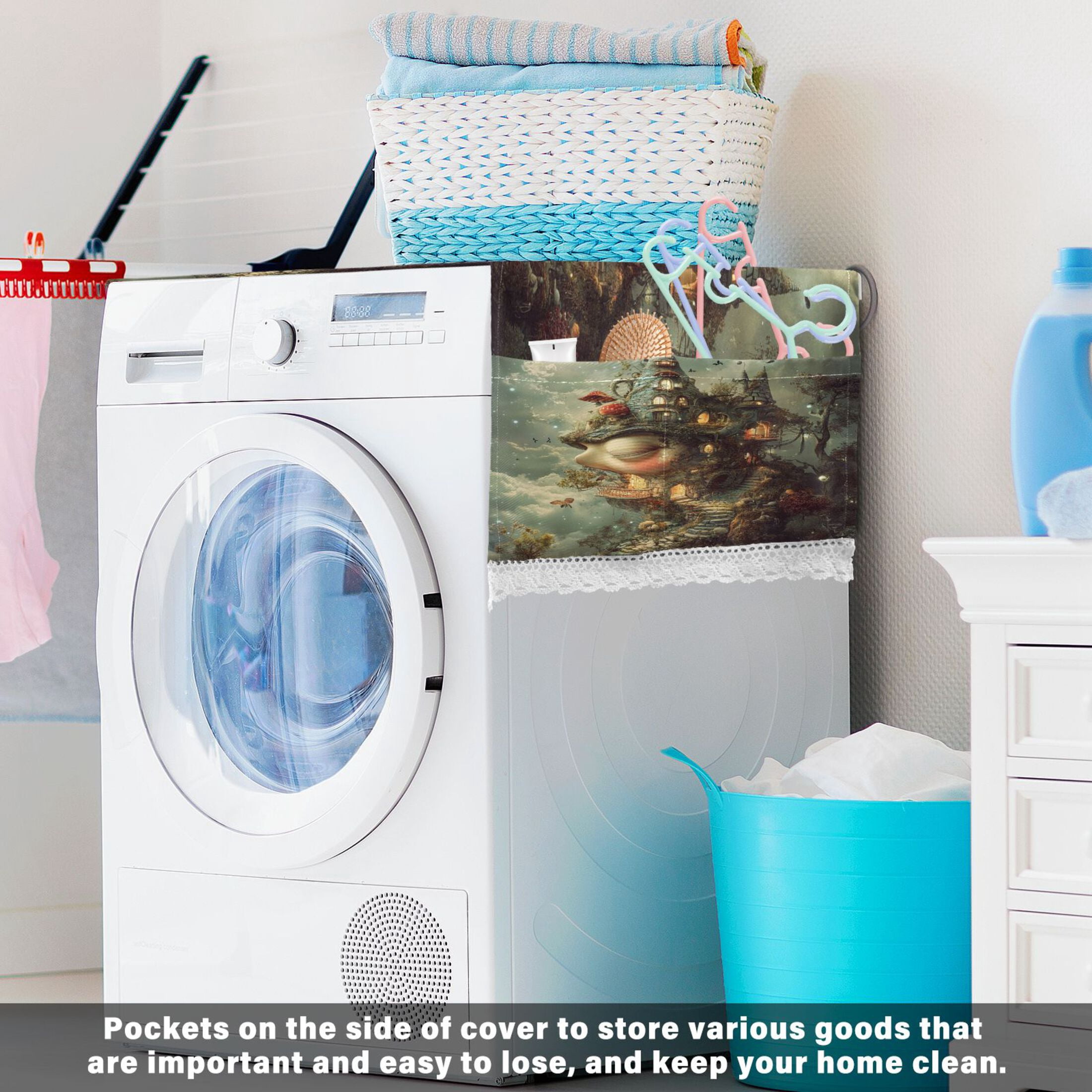 Spooky CastleWasher and Dryer Covers Dust-Proof and Oil Resistant Fridge Cover with 4 Storage Pockets Washing Machine Top Cover for Laundry Kitchen Home 51.2 x 22 In