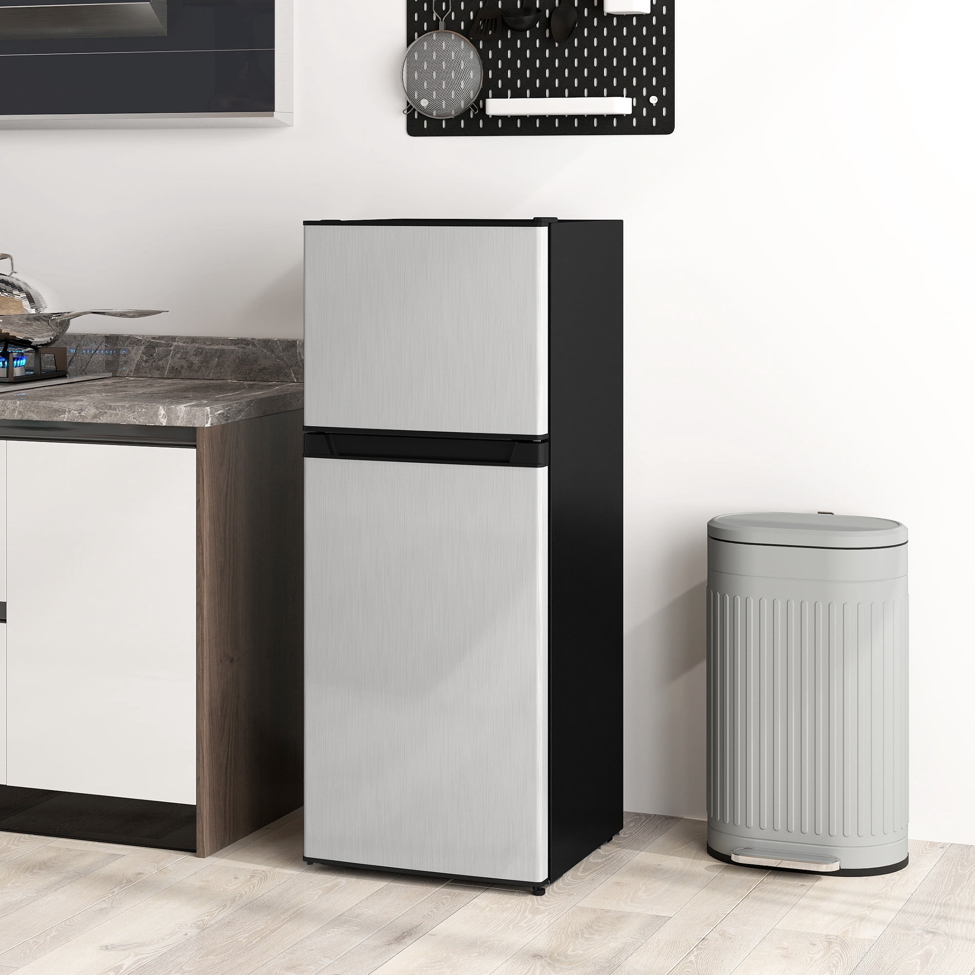 HOMCOM Small Fridge with Freezer, 4 Cu Ft Refrigerator with Shelves, Silver