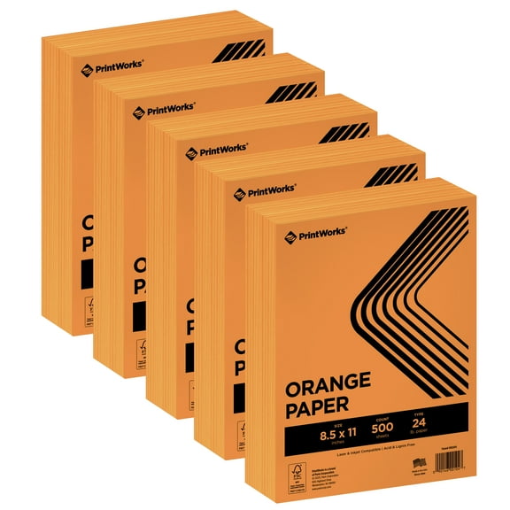 PrintWorks Premium Bright Orange Colored Paper 8.5" x 11" - 24 lb/89 gsm - 2500 Sheets - Made in the USA - FSC® Certified - Acid-Free & Fade-Resistant - Printer Compatible (00104)
