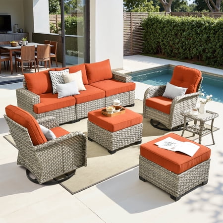 Toject 8 Pieces Patio Furniture Set All Weather Wicker Patio Conversation Set with Swivel Chairs Outdoor Furniture with Ottoman for Garden Orange Red
