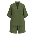 thumbnail image 4 of Cagogo Women Plus Size 2 Piece Set V Neck 3/4 Sleeve Shirt Shorts Casual Solid Loose Travel Outfits Lounge Tracksuits Summer Cruise Clothes Matching Lounge Sets, Green XL, 4 of 8