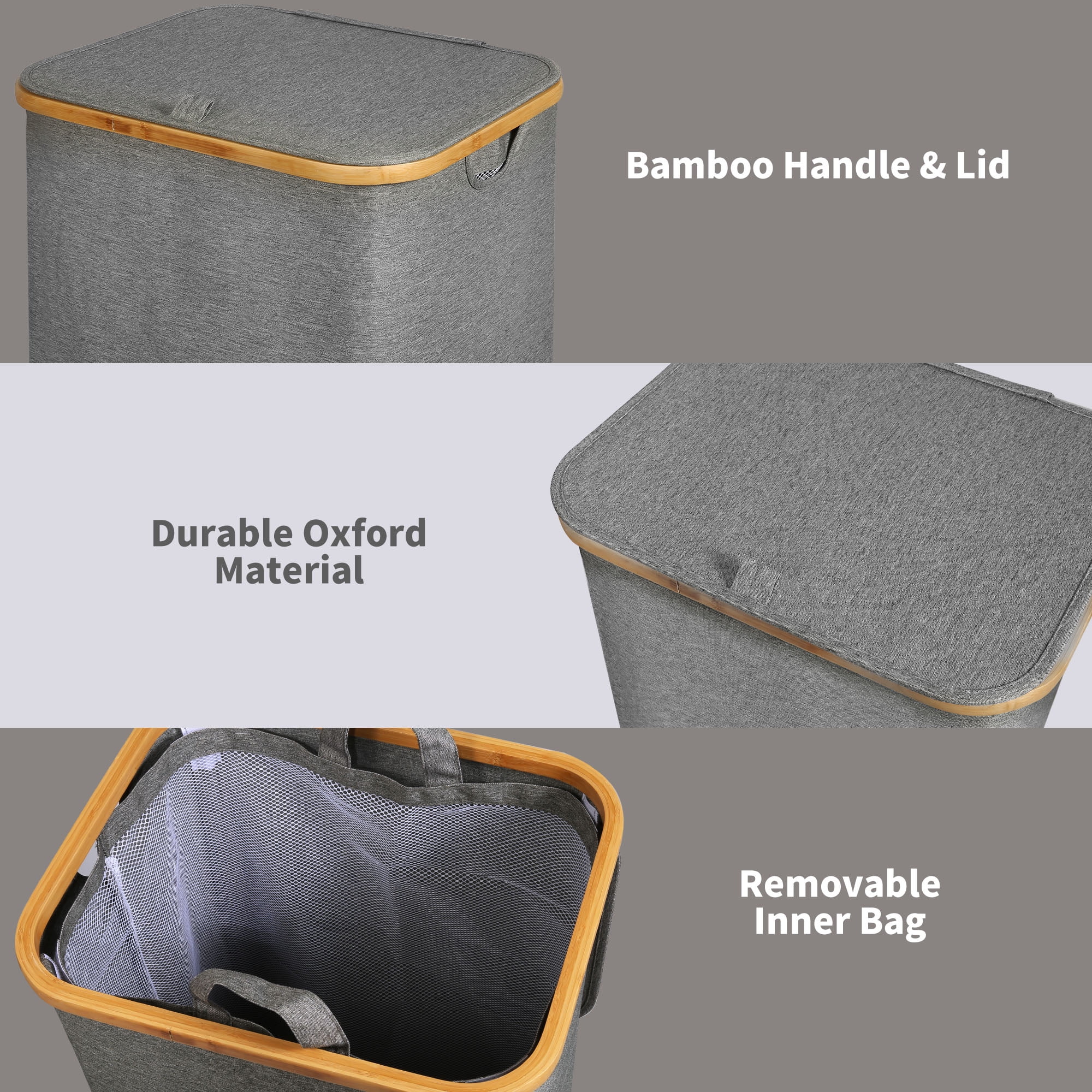 Efluky Laundry Basket with Lid and Removable Bag, 100L Tall Laundry Hamper with Bamboo Handles, Aesthetic Dirty Clothes Bin for Laundry Room, Bathroom, Bedroom and Dorm,Grey