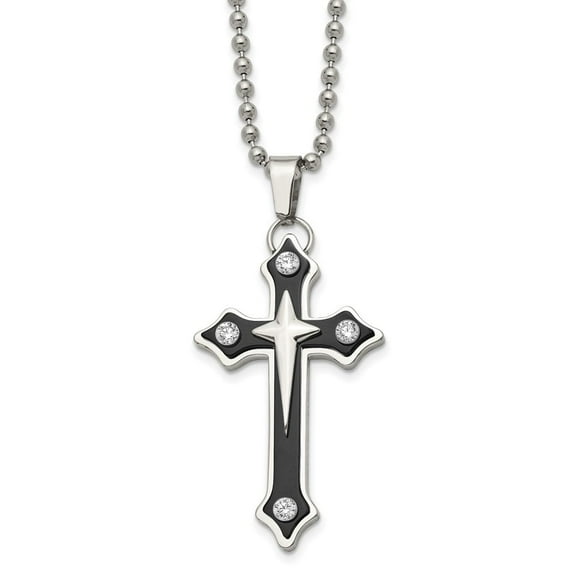 Auriga Stainless Steel Black IP-plated with CZ Cross Pendant on a Ball Chain Necklace for Men 20"