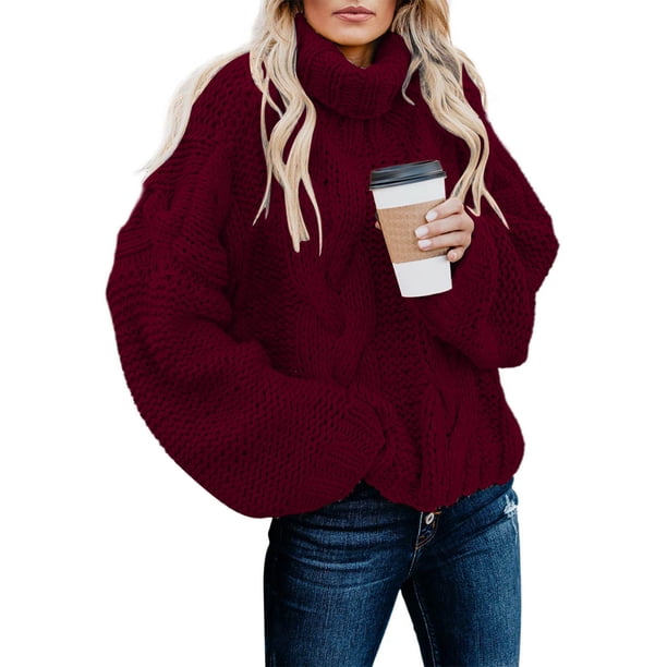 Suéter de cuello alto para mujer, informal, de manga larga, liso, tejido de punto, suéter de cuello alto para mujer