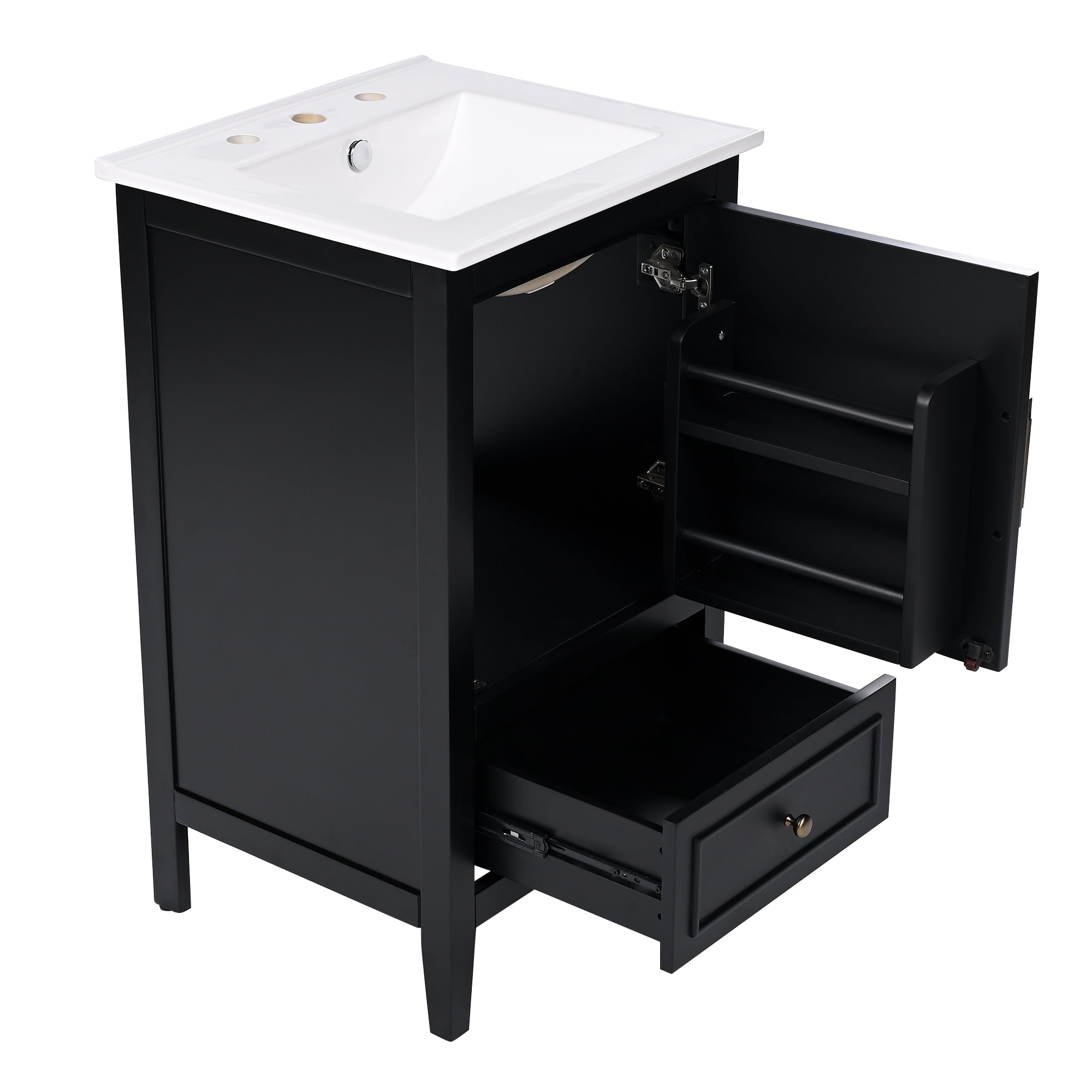 20" Bathroom Vanity with Sink, Black Vanity Cabinet with Storage Drawer & Door, Semi-Lune Ceramic Basin, Adjustable Feet for Small Bathroom