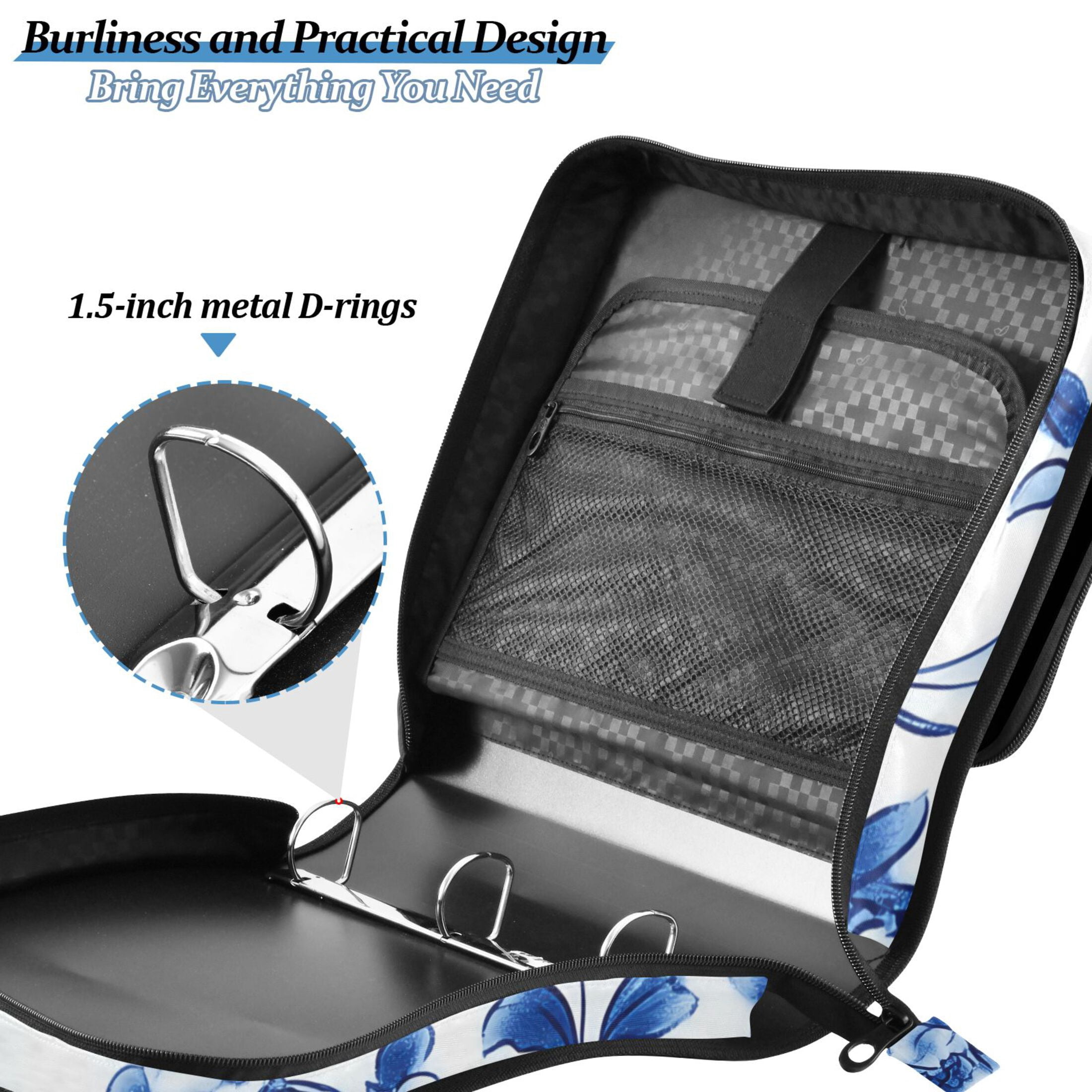 3 Ring Zipper Binder with Shoulder Strap Waterproof Trapper Keeper 2 Inch D-Ring 500 Sheets Capacity Blue and White Porcelain Floral