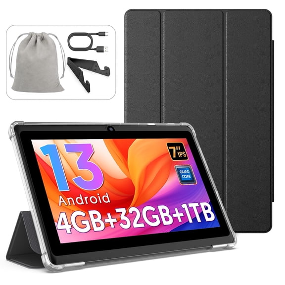 FITIFUN 7 inch Tablet Android 13 Tablets with Case, Stand, Storage Bag, 4(2 2)GB RAM 32GB ROM 1TB Expand, Quad-Core, HD IPS Display, Wifi, Dual Camera,Black
