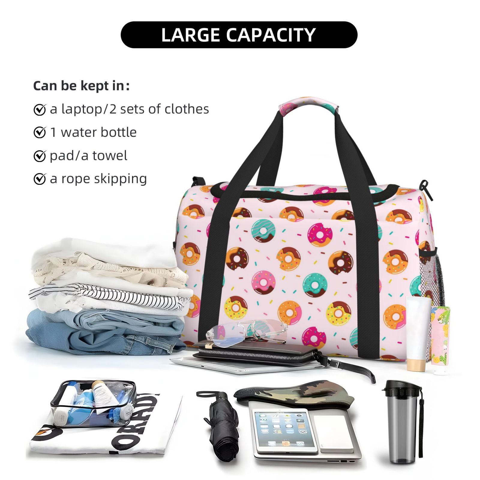 Fuzoiu Donut Print Travel Duffle Bag,Carry On Tote Bags,Duffel Bag,Sport Gym Bag, Hospital Bag for Labor and Delivery, Overnight Bag,Luggage Bag