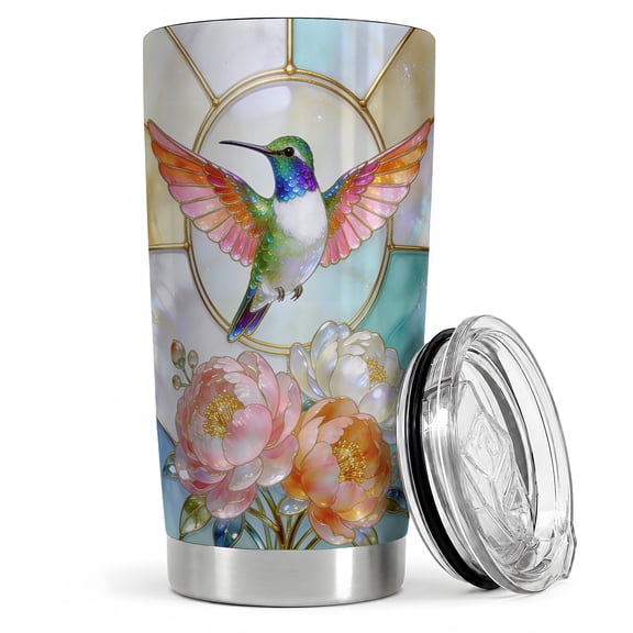 Stained Glass Hummingbird 20oz Tumbler, Hummingbird Floral Tumbler, Daily Drinkware, Colorful Bird with Rainbow Wings and Peony Flowers, Window Frame Cup, Women, Adults, and Bird Lovers