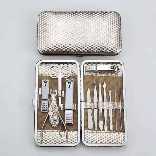 Kit de manicura profesional Kit de cuidado de uñas, kit de maquillaje de acero inoxidable, 12 artículos para viajes o uso doméstico (oro champán) ER