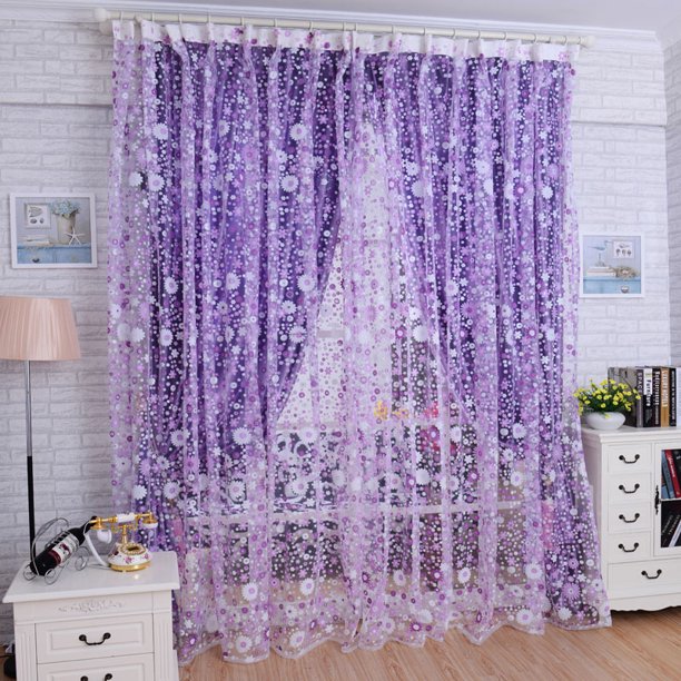 Blackout Curtains Door Purple Divider Voile Print Window Floral Scarf