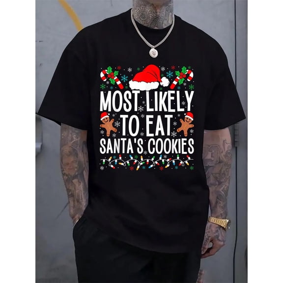 Cotton Most Likely To Eat Santa's Cookie Family Christmas Holiday T-Shirt Men's Graphic Tee,Casual Short Sleeve Shirt