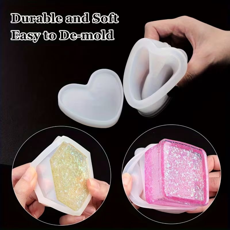 3 piece epoxy resin mold set, silicone jewelry box mold, heart shape & square, bendable storage container DIY hand making tools