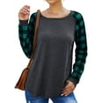 thumbnail image 5 of Women Round Neck Long Sleeve Splicing Plaid Top, 5 of 7