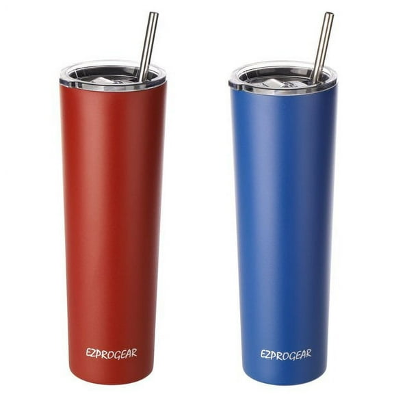 Ezprogear 34 oz Stainless Steel Slim Tumbler Double Wall Vacuum Insulated Cup with Straws (Cherry & Sapphire)