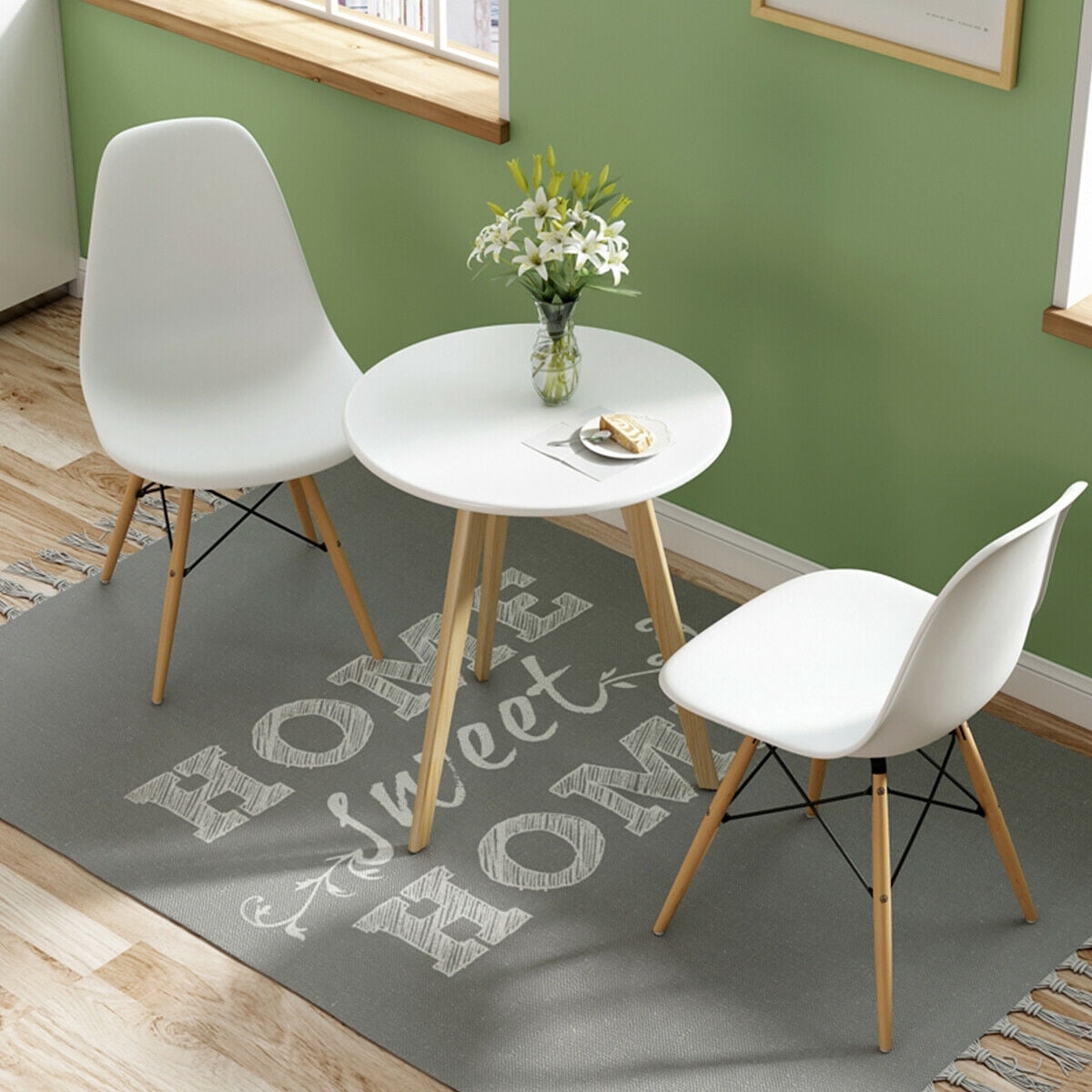 Costway Set of 2 Mid Century Modern Style Dining Side Chair Wood Leg White