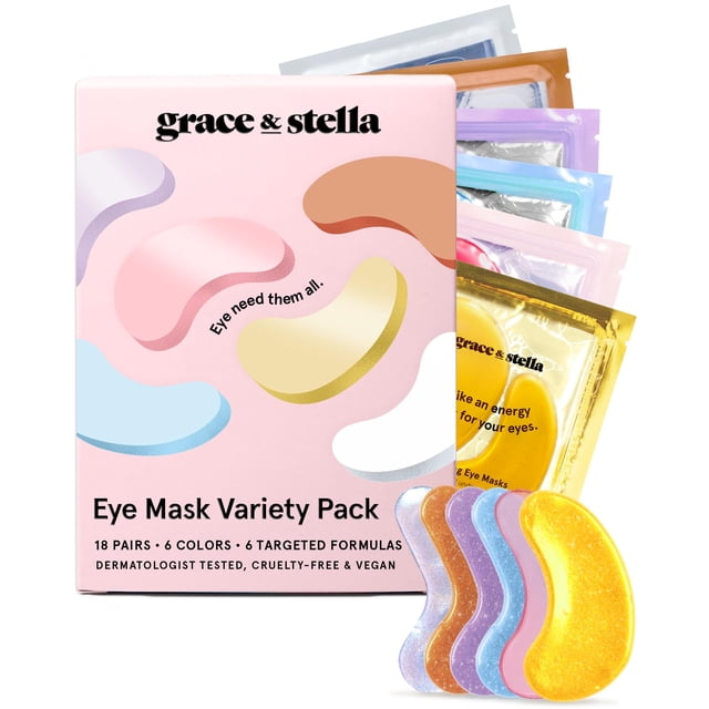 Mascarillas Grace & Stella para ojeras (paquete variado): 18 pares de parches para ojeras, 6 colores (3 pares por color). Mascarillas de gel para ojos hinchados, veganas y sin crueldad animal. Regalos