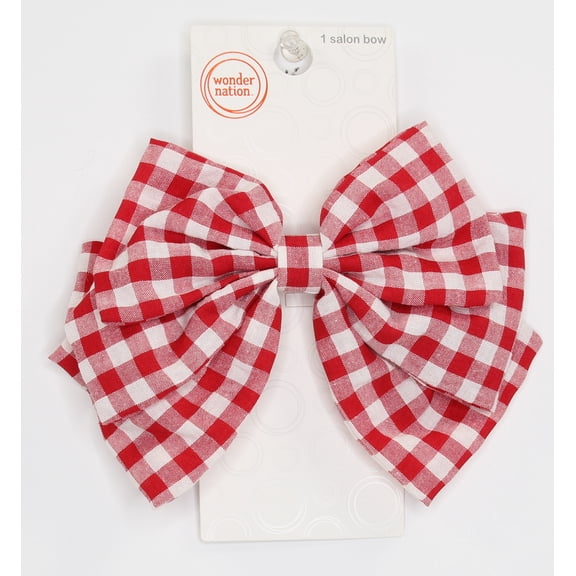 Wonder Nation Girls Gingham Print Bow Barrette Clip, Red