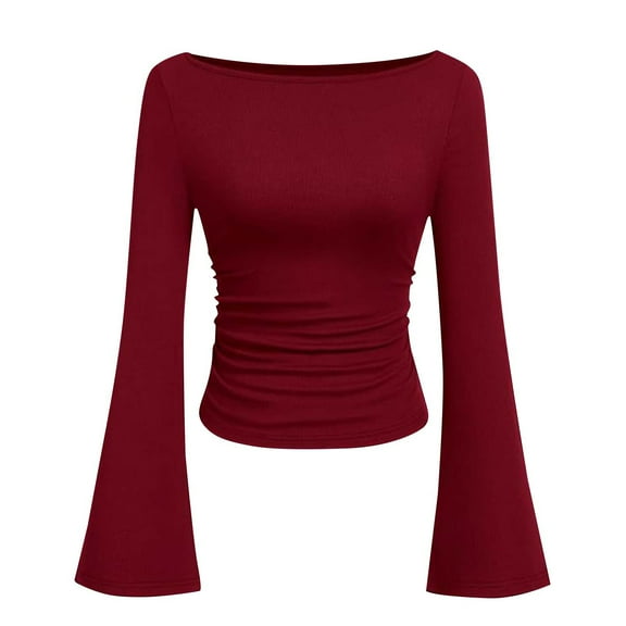 Ltctricy Crop Tops for Women Fashion Bell Long Sleeve Boat Neck Ruched Ribbed Slim T Shirts Soft Casual Tee Blouses(Wine,X-Large)
