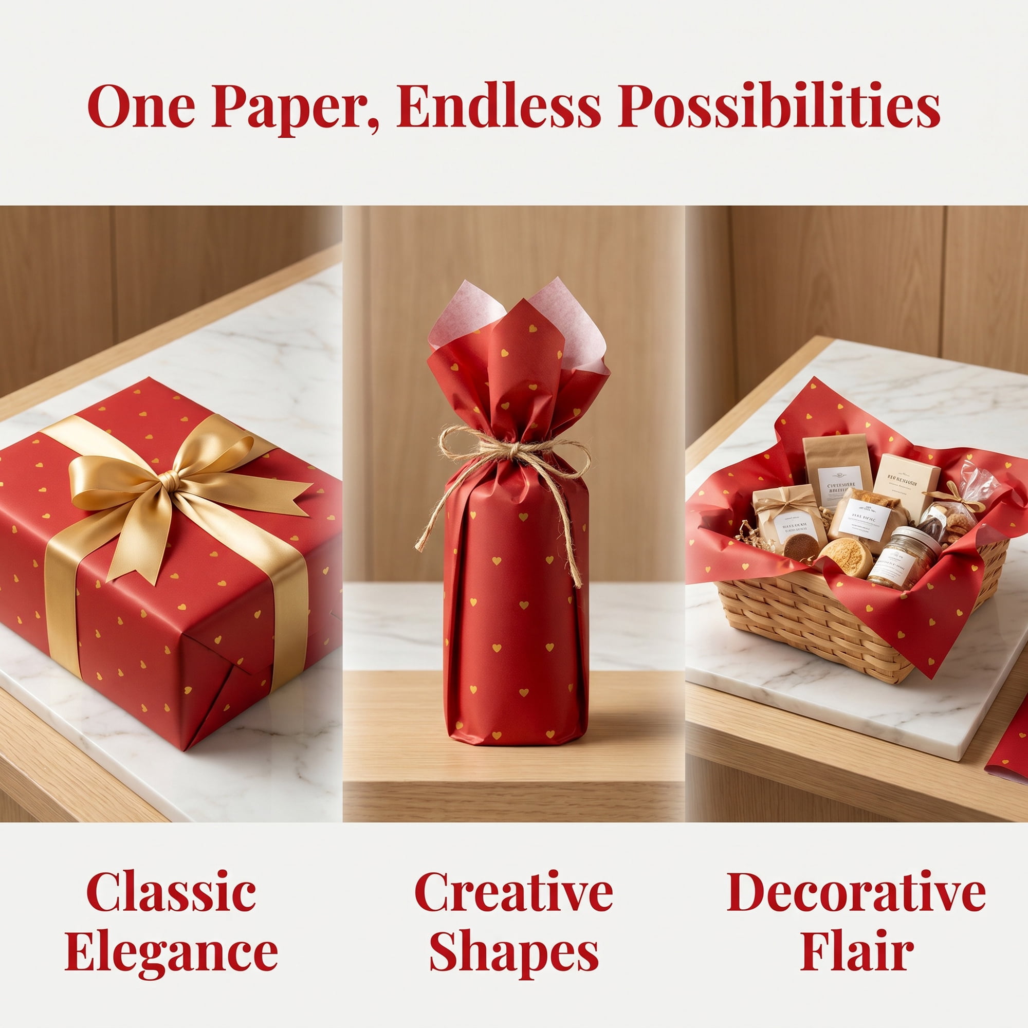 Unique Bargains 20Pcs Heart Pattern Gift Wrapping Paper Red Gold 27.6" x 19.7"