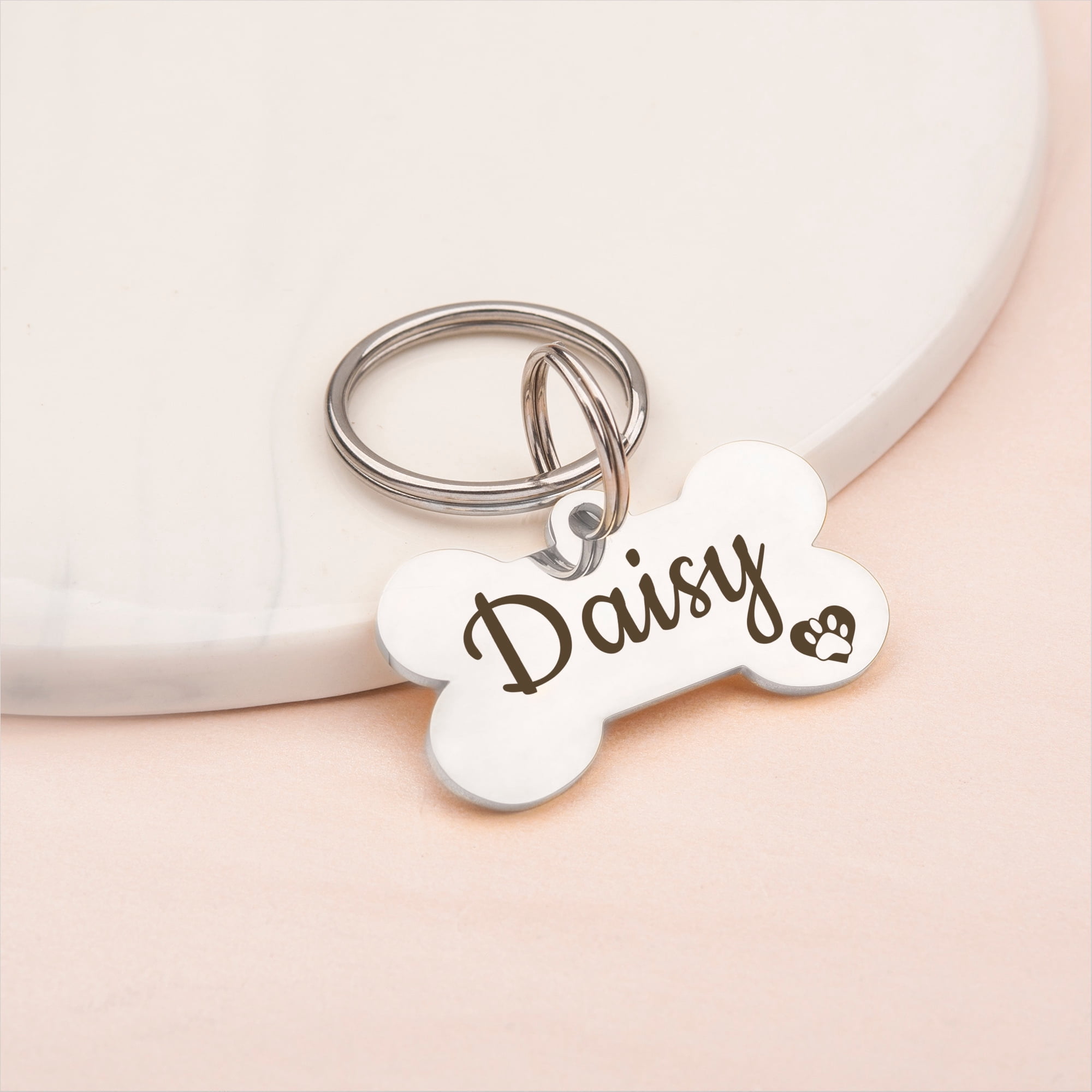Anavia Metal & Stainless Steel Bone Name Tag with Funny Paw Icon Birthday Holiday Christmas Engraved Dog ID Tag, Silver, L