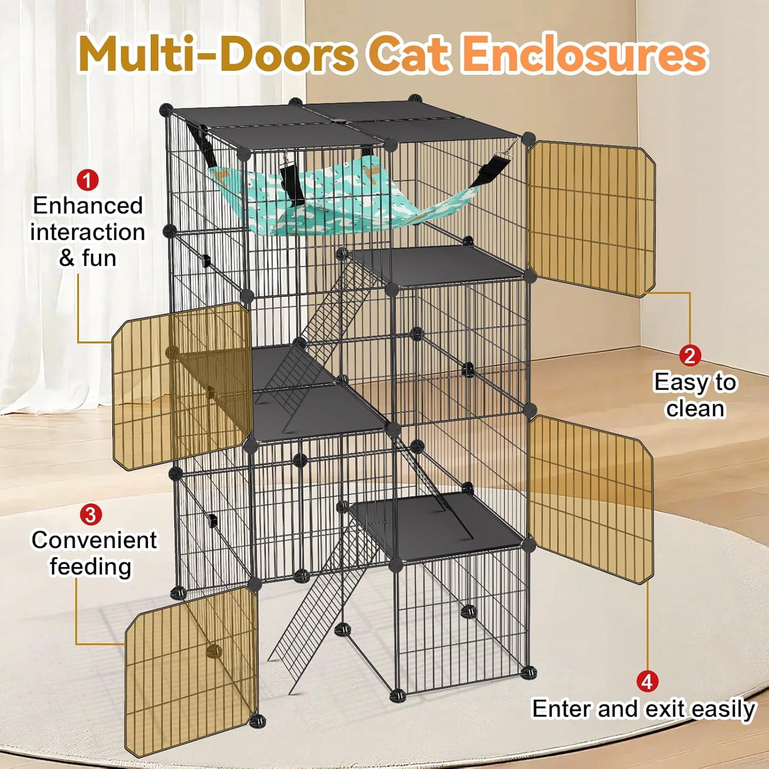 Cat Cage 4-Tier DIY Cat Enclosures Catio Cat Playpen Indoor Outdoor with Hammock Detachable Metal Wire Kennel Cats Crate 2x2x4 Exercise Place for 1-3 Cats/Kitten