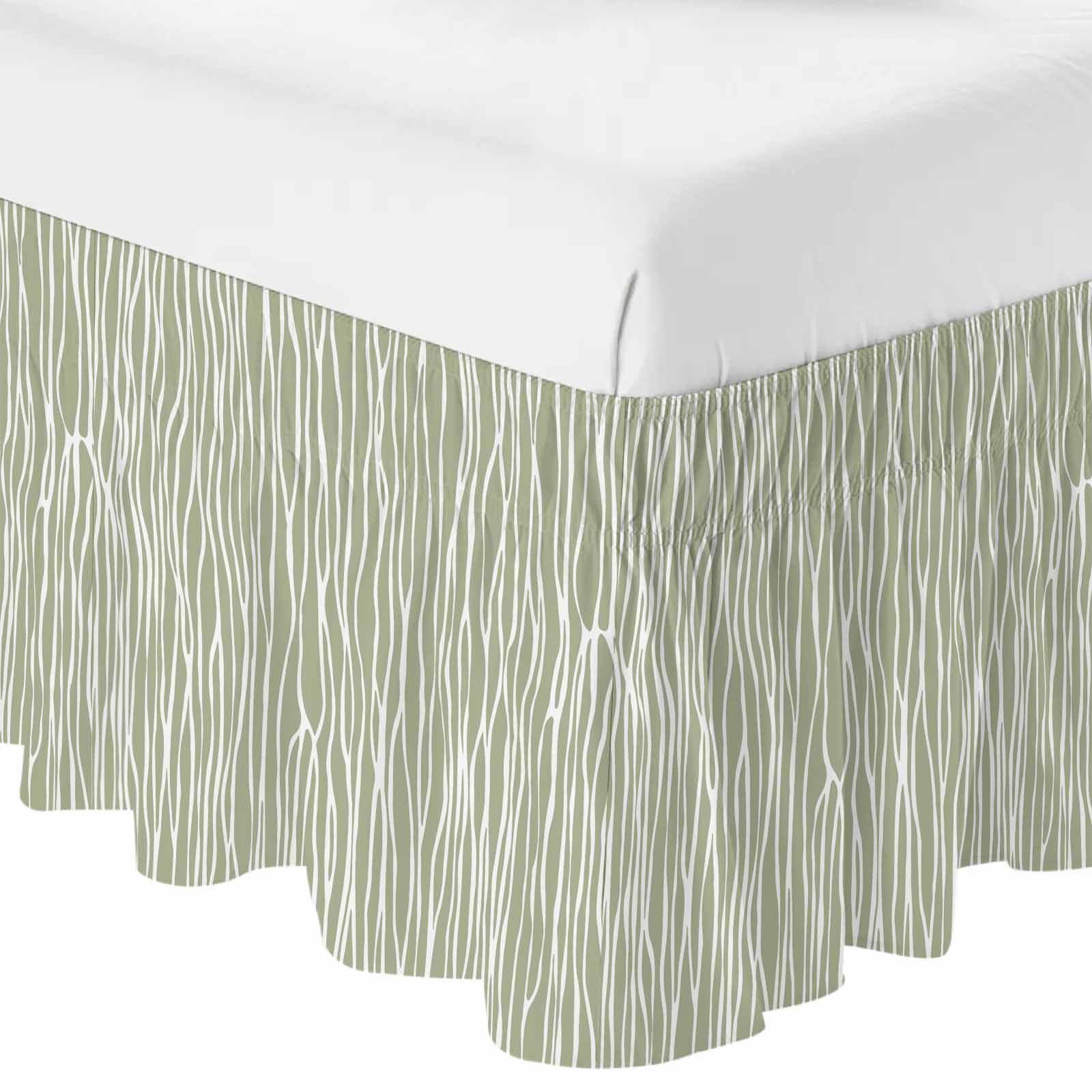 Bed Skirt Sage Green Stripe Adjustable Elastic Wrap-Around Dust Ruffle with Retro Abstract Art Farmhouse Sage Green Stripe Waves 18 Inch Drop, Bed Frame Cover for King Size Bed