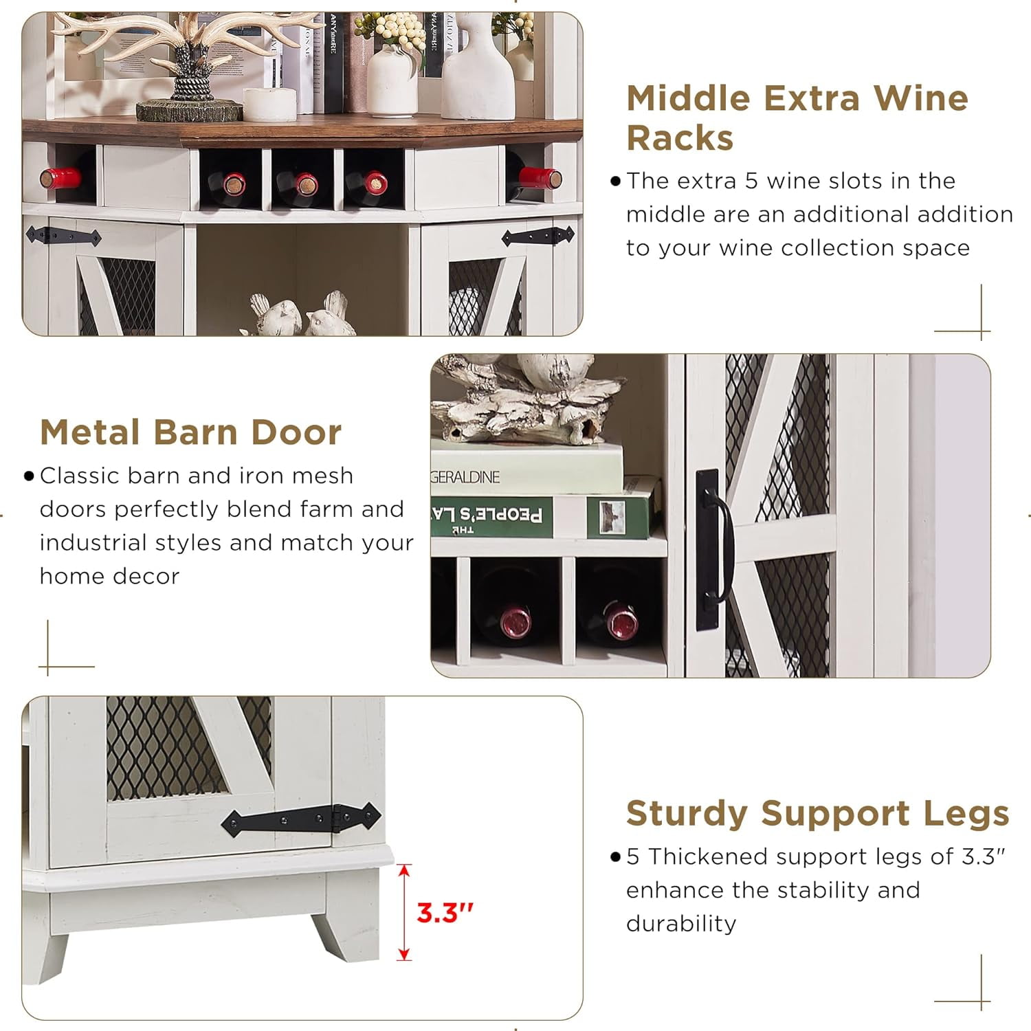 OKD Farmhouse Corner Bar Cabinet with Glass Holder, 72” Tall Wine Bar with LED Light & Adjustable Shelf for Living Room and Dining Room, White
