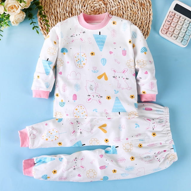 Cowsor 2 Piece Pajamas Set Kids Sleepwear Cartoon Printed Nightwear Cotton Long Sleeve Shirt Pants Loungewear