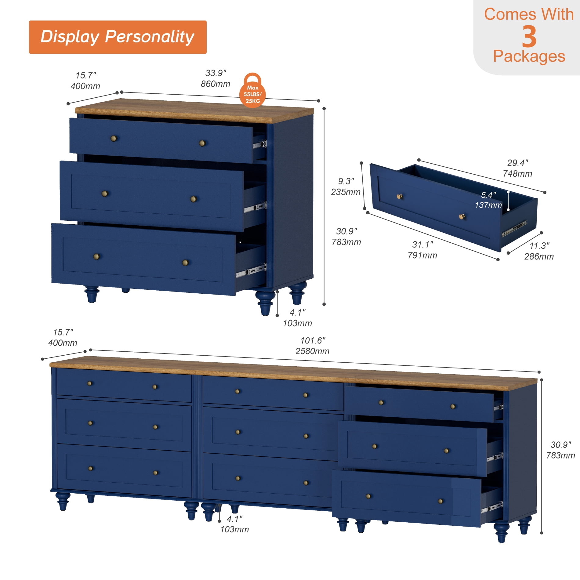 TV Stand for 100 Inch TV, Kitchen Buffet Sideboard with 9 Drawers, TV Cabinet for Living Room and Dining Room, Navy Blue