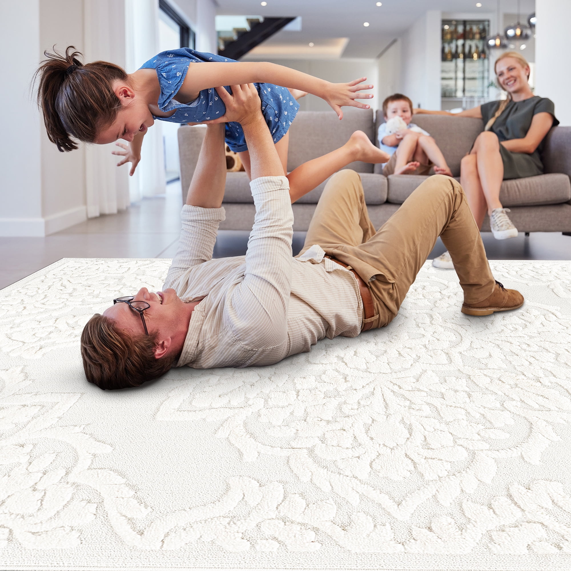 Step Collection High-Low Medallion Cream/Cream Indoor Area Rug, 2'x3', Modern, Contemporary, Geometric, Bohemian, Bedroom, Kitchen, Living Room, Doormat, Non Shedding Carpet