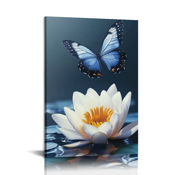Shadudu Zen Canvas Prints Navy Wall Art,White Lotus Flower and Butterfly Pictures Wall Decor for Calm Meditation Yoga Room Spa Bathroom Bedroom Artwork Framed 24x36in