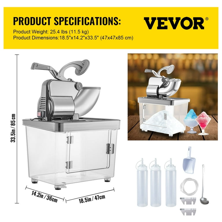 VEVORbrand 110V Commercial Ice Crusher 440LBS/H, ETL Approved 300W Electric  Snow Cone Machine with Dual Blades, Stainless Steel Shaved Ice Machine