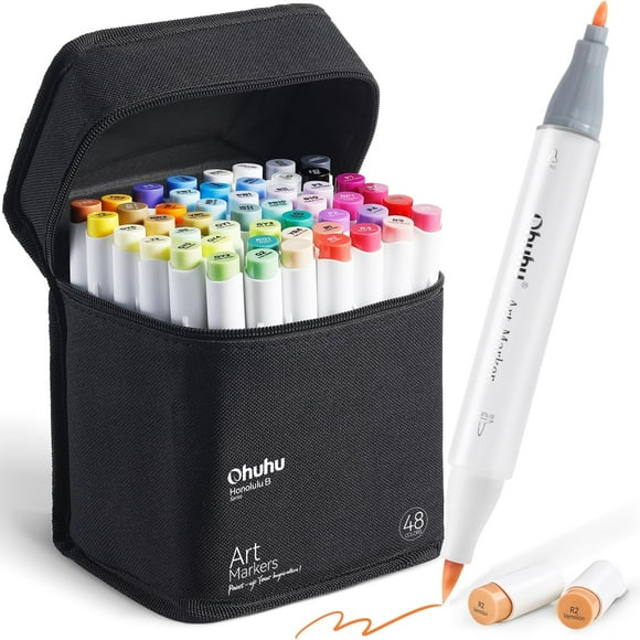 Marcadores de alcohol Ohuhu con punta de pincel, punta doble, 48 colores