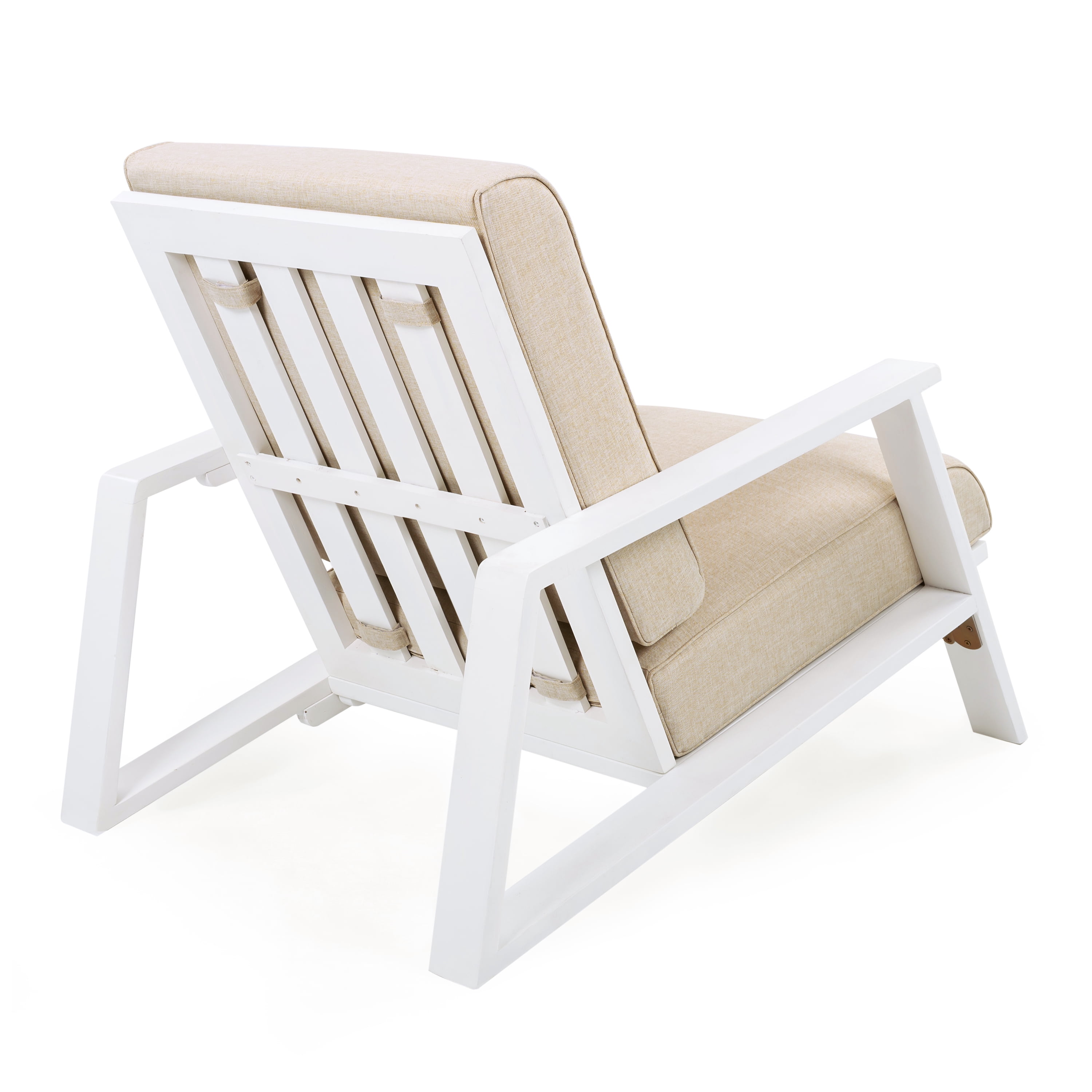 Patio Lounge Chair Outdoor Club Chair with Beige Cushion and White Acacia Wood Frame for Porch Garden, White