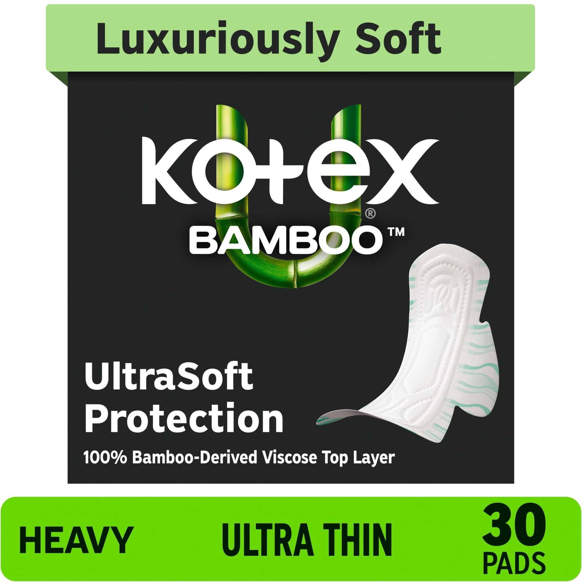 Kotex Bamboo Ultra Thin Period Pads with Wings, Heavy Absorbency, 30 Count