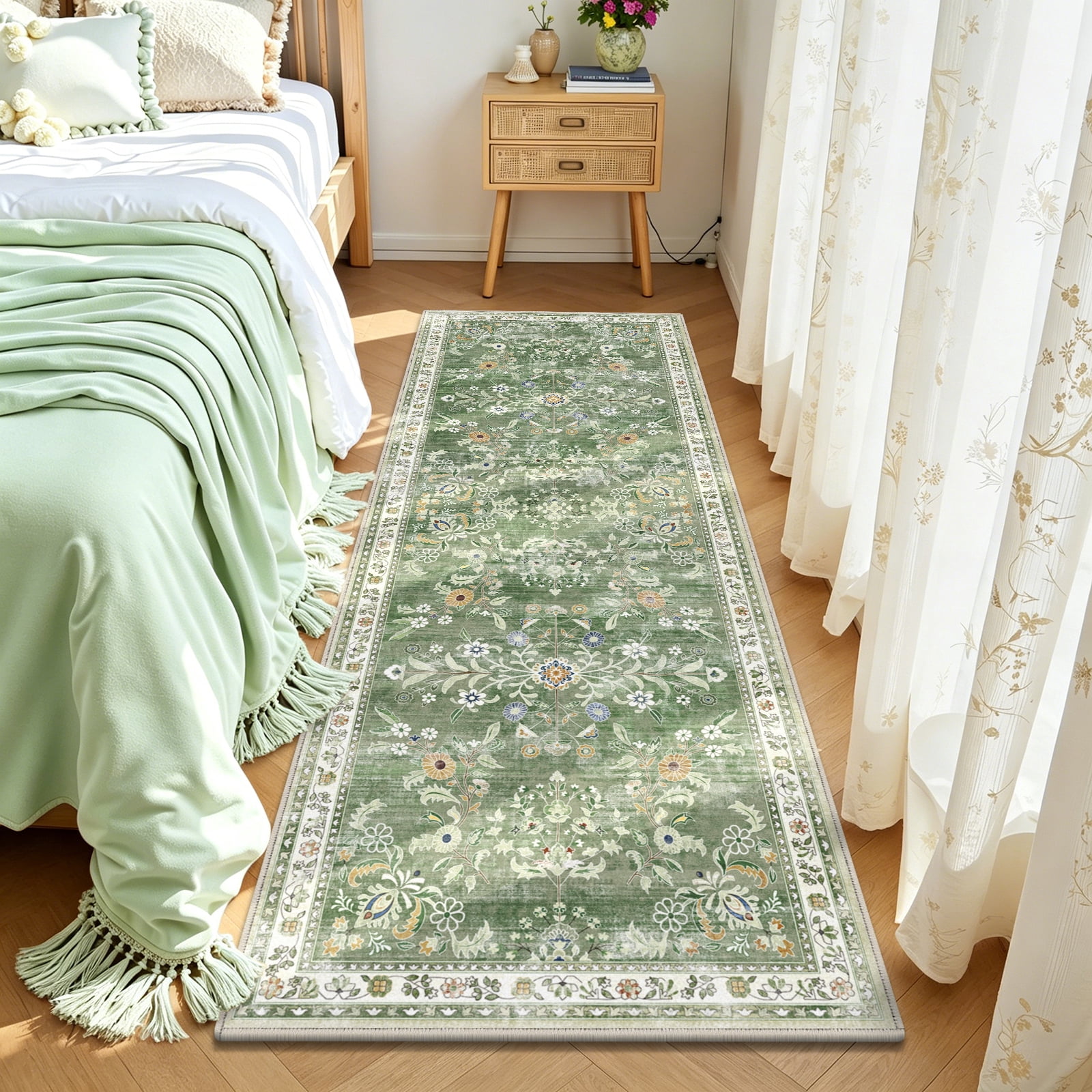 MJIAexp 2'x6' Boho Runner Rug,Non Slip Washable Floral Hallway Runner Rug with Rubber Backing, Low Pile Faux Wool Distressed Carpet for Kitchen, Laundry, Bedroom, Entrance,Green