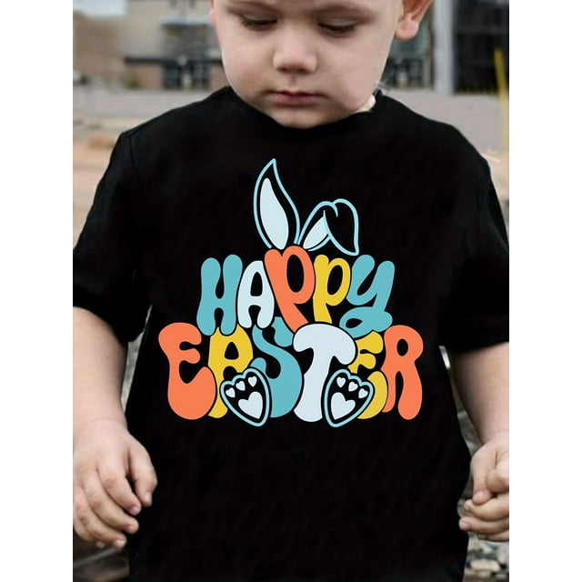 Cicull T-Shirt Garçon Joyeuses Pâques Imprimé Oreilles de Lapin - Tee-Shirt Col Rond Coloré Décontracté, Coton Doux, Lavable en Machine, Haut Printemps/été pour Jeunes, Vêtements Printemps/été / T-Shirt Imprimé Vibrant / Nontr