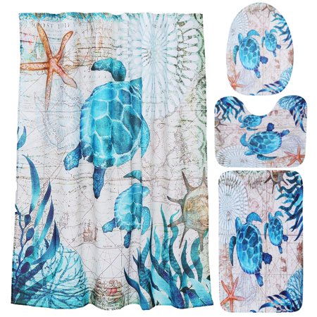 Sea Turtle Shower Curtain Sets with Non-Slip Rugs, Toilet ...