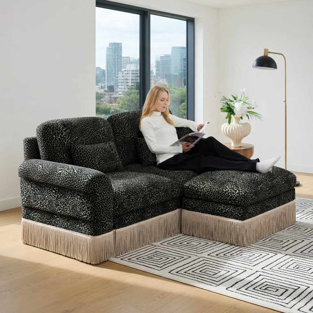 Hommoo 100" Modern Leopard Print Chenille L-Shaped Sofa Set with Movable Ottoman, Deep Seat & Tassel Trim, Easy Assembly, Ergonomic Support for Living Room, Green Black