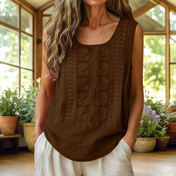 Dxzfnsa Womens Tank Tops Summer Casual Solid Color Round Neck Embroidered Tops Women's Loose Fit Basic Cotton Linen Sleeveless Shirts 2026