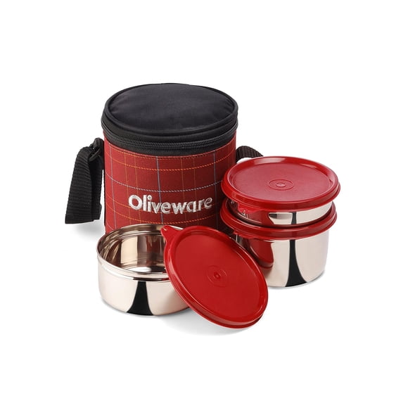 Bliss Boîte à Lunch avec Sac en Tissu - Rouge / 3 Contenants en Acier Inoxydable avec Couvercles Hermétiques, 300 Ml+ 450 Ml+ 600 ml - Sans BPA, Va au Micro-Ondes, Étanche