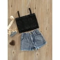 thumbnail image 3 of hirigin Kid Girl Short Pants Outfits, Sleeveless Solid Color Lace Sling Tops + Tassel Hem Shorts Set, 3 of 8