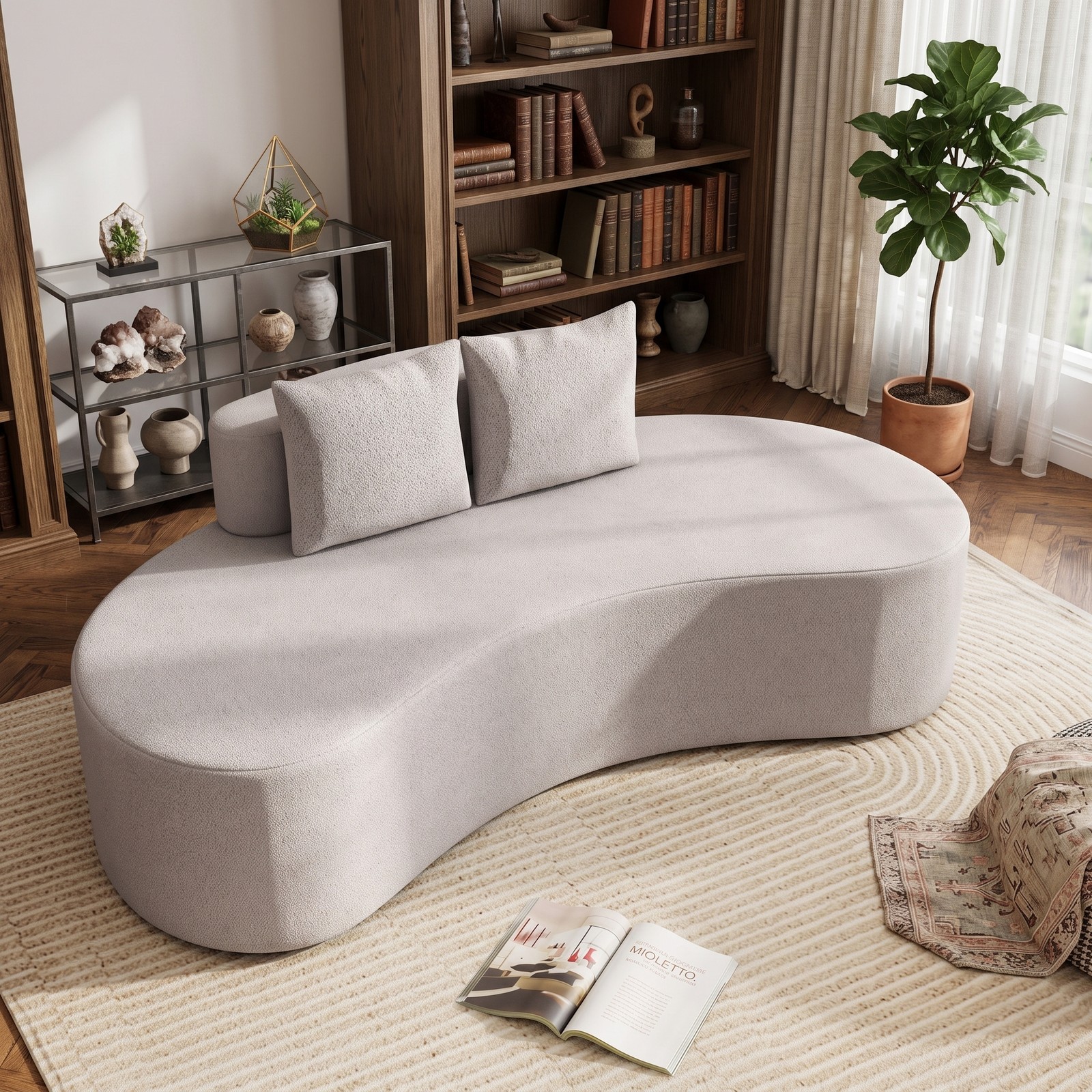 Furnibear Upholstered Curved Sofa for 3, Modern Polyester Fabric Loveseat Couch with 2 Cozy Throw Pillows, Low Backrest, Non-Slip Bottom, 440 lbs Capacity for, Gray