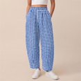 thumbnail image 3 of Women's Plaid High Waist Wide Leg Cropped Pants, Loose Relaxed Fit Barrel Trousers with Side Pockets, for Spring Summer Daily Wear, Travel or Casual Outfits Blue S, 3 of 3