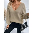 thumbnail image 5 of Women Off the Shoulder V Neck Sweater Top Fitted Long Sleeve Shirt Tie Back Sweater Light Beige L, 5 of 9